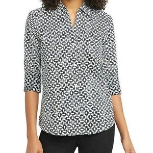 Foxcroft Wrinkle Free Button Front Shirt White Black Printed Shaped Fit Modern